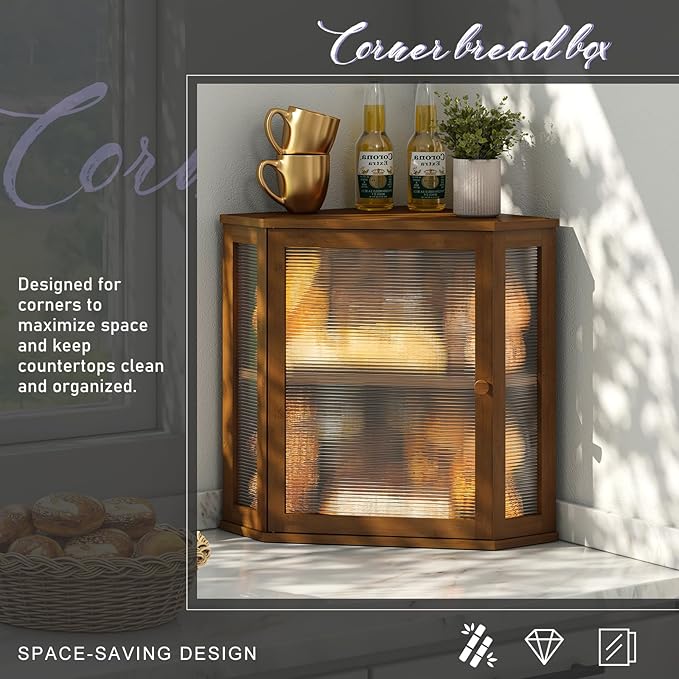 Corner Bread box for Kitchen Countertop,Farmhouse Bread Box with Acrylic Wavy Door Panel,Large Bread box for kitchen countertop,Kitchen Countertop Food Storage Container (Brown, Extra Large)