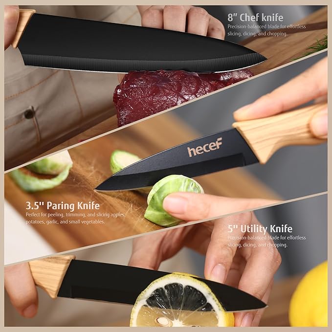hecef Vintage Kitchen Knife Set of 6, Dishwasher Safe, Sharp Knives with Stainless Steel Blade, Lightweight Handle, Non-stick Coating Set Includes 7", 5", 3.5" Knives