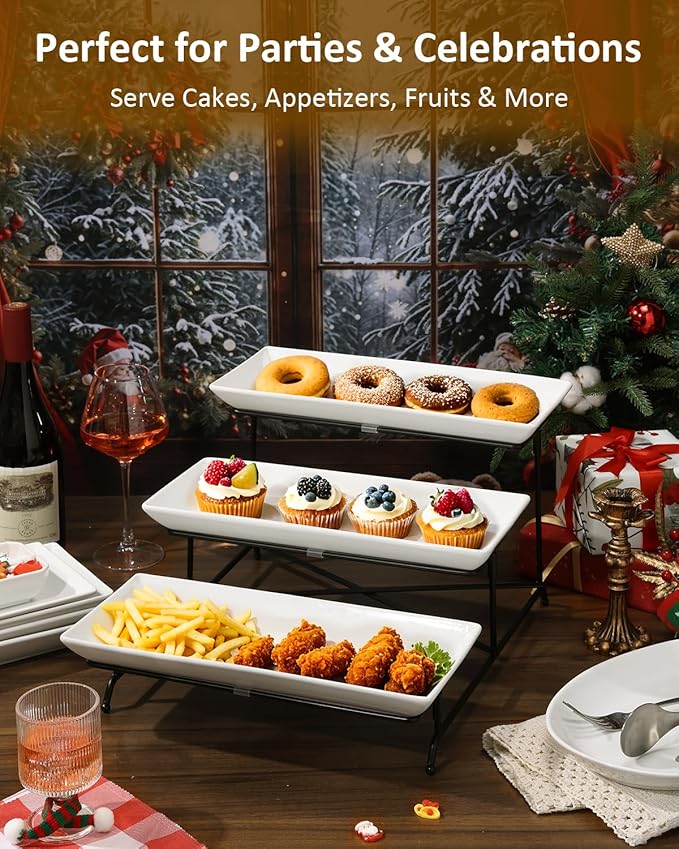 Yedio 3 Tier Serving Tray Set 14 Inch Porcelain Tiered Serving Trays Platters, Collapsible Sturdier Stand with Stable Cross Bars, Three Layer Serving for Party Entertaining Food Display Fruit Dessert