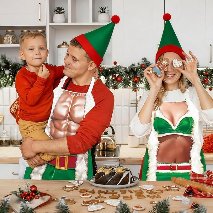 4 Pcs Christmas Aprons with Hats for Women Men Adjustable Kitchen Funny Cooking Aprons for BBQ Party