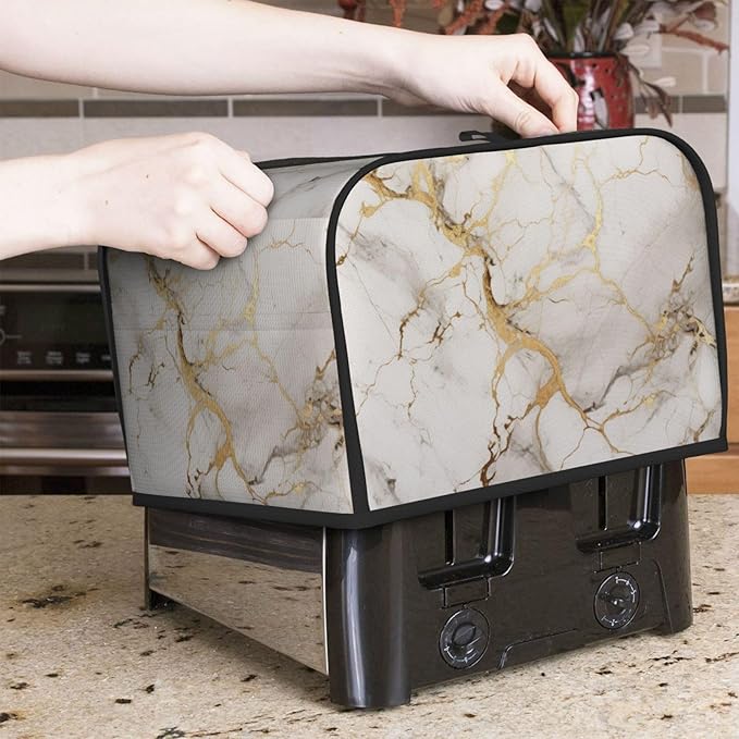 Toaster Cover 4 Slice Marble Gray Gold White Kitchen Small Appliance Covers with Pockets Dust and Fingerprint Protection