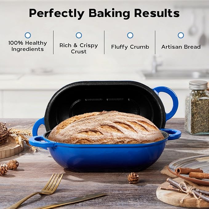 Onader 2.8QT Enameled Cast Iron Dutch Oven, Dutch Oven Pot with Lid for Sourdough Bread Baking, Oval Meatloaf Pan, Heavy Duty - Blue