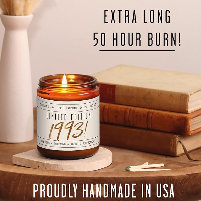 32nd Birthday Gifts for Women - 'Limited Edition 1993' Soy Candle, w/Champagne on Ice I 32 Birthday Gifts for Women I 32th Gift for Her Ideas I 9oz Reusable Jar, 50Hr Burn, Made in USA