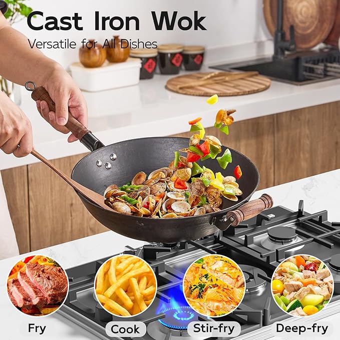 WANGYUANJI 13.4 Inch Cast Iron Wok with Lid and Iron Spatula, Flat Bottom Double-Handle Stir Fry Pan, Chemical-Free Uncoated Wok for Induction, Gas and Electric Stoves