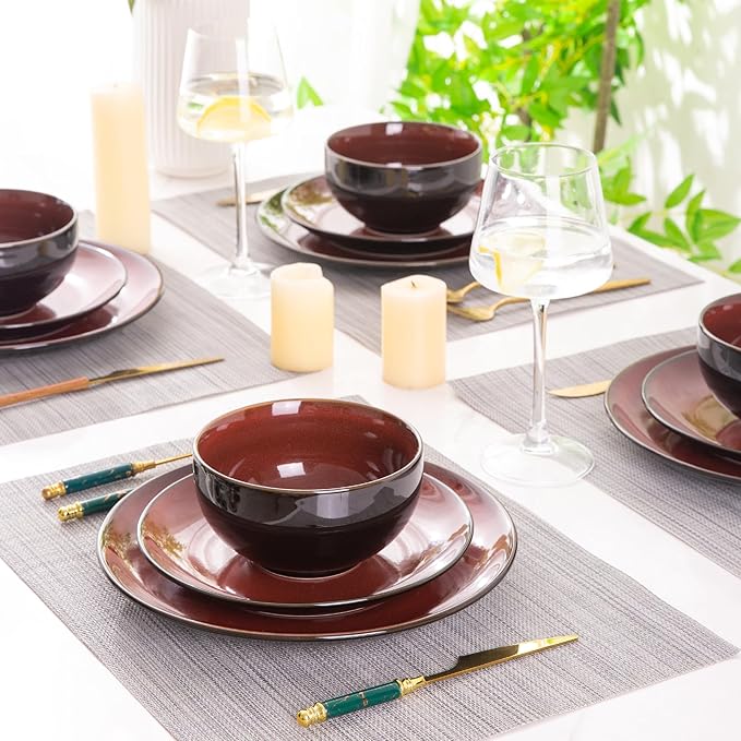 LERATIO Ceramic Dinnerware Sets for 8,Stoneware Plates and Bowls Sets,Handmade Reactive Glaze Dishes Set,Chip Resistant and Scratch Resistant | Oven&Dishwasher & Microwave Safe-Red (24PCS)