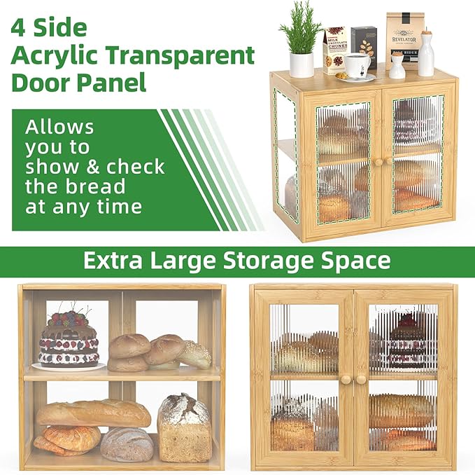 BAMBANG Double Layer Bamboo Bread Box for Kitchen Counter, Bread Bin Farmhouse Large Bread Box with 2 Doors, Wooden Breadbox Storage Container Holder for Homemade Bread, Natural