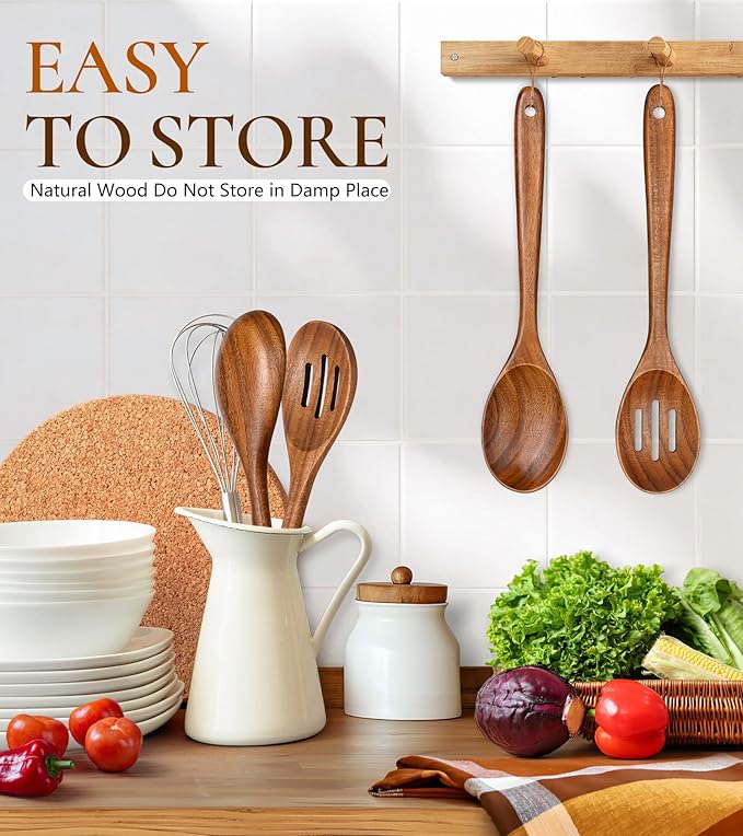 2Pcs Wooden Spoons for Cooking, Natural Premium Teak Wooden Spoon & Slotted Spoon, Good Grip Large Cooking Spoons Spatula, Heat Resistant Wooden Kitchen Cooking Utensils Set for Nonstick Cookware
