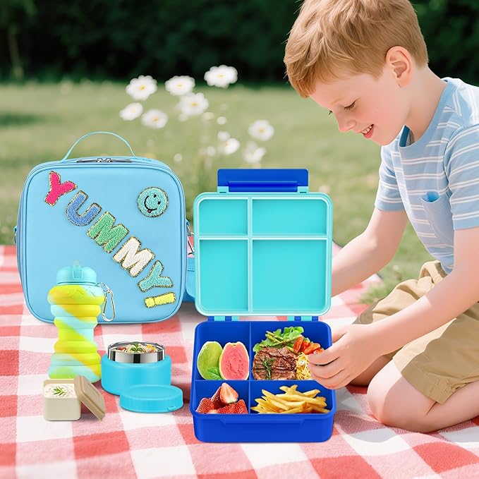 Bento Lunch Box with 10oz Soup Thermo for Kids Insulated Lunch Bag & Foldable Silicone Cup Food Leak Proof Food Container with 5 Compartment for Kid to Shool Travel