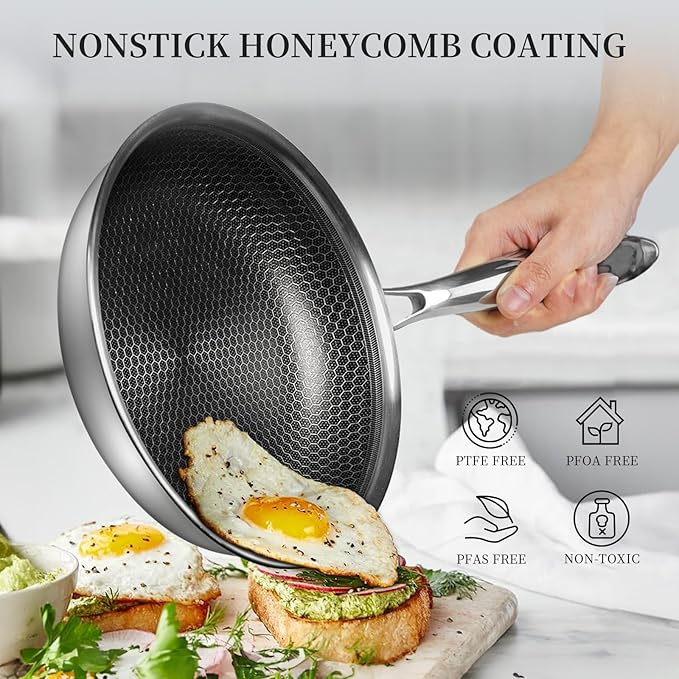 Innerwell Stainless Steel Frying Pan Nonstick Frying Pan with Lid 10 Inch Honeycomb Stainless Steel Skillet Woks Pan for Gas Electric Induction Ceramic Stoves and Oven