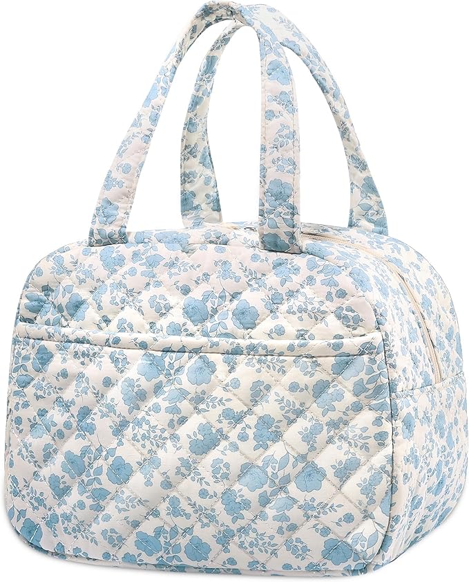 Quilted Lunch Box for Women,Lunch Box for Teen Girls,Cute Floral Lunch Bags for Work, School,Office,Picnic,Travel (Cute Blue Floral)