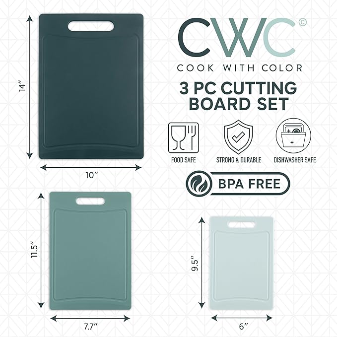COOK WITH COLOR Non-Slip Cutting Board Set – Kitchen Essentials with Easy Grip Handle for Meat, Veggies, and Fruits, 3 Cutting Boards, Teal