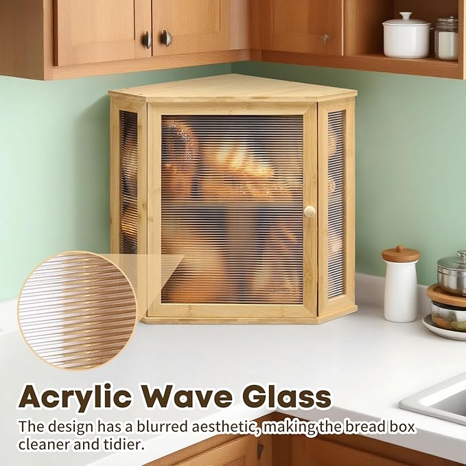 Corner Bread Box for Kitchen Countertop - Bamboo Large Capacity Bread Storage Bin with Acrylic Wavy Door Panel,Bread Box (Natural,Extra Large)