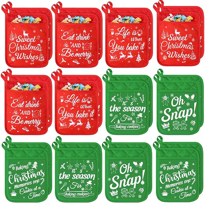 24 Pieces Christmas Pot Holders with Pocket Red Pocket Pot Holder Kitchen Hot Pad Oven Mitts Farmhouse Hot Potholders Cookie Bag Kitchen Cooking Baking
