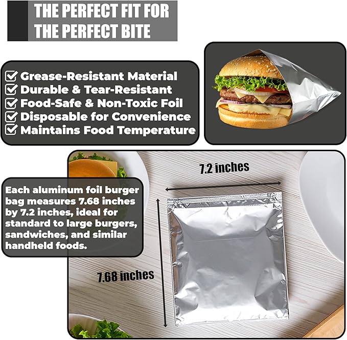 100 Pack Aluminum Foil Hamburger Bags – Grease-Resistant Burger Wrappers for Hot Sandwiches, Paninis, BBQ, Pretzels & More – BPA-Free, Disposable Takeout Food Sleeves by C&S Event Supply Co.