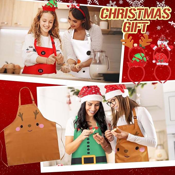 Ramede 4 Set Christmas Apron Adjustable and Headbands Christmas Kitchen Santa Cooking Aprons Xmas BBQ Snowman Funny Chef Set for Women Men Costume Gifts Accessories Headwear Party Favors