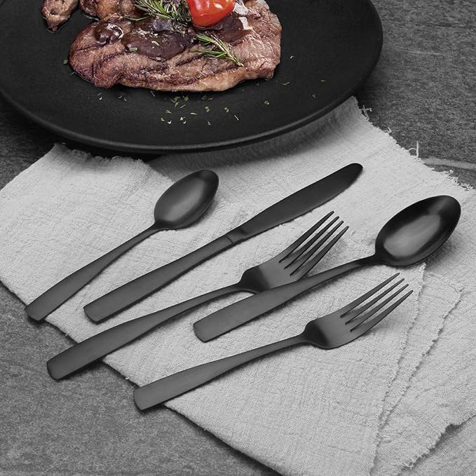 Vanys 20-Piece Silverware Set, Satin Finish Flatware Cutlery Set Service for 4, Knives/Forks/Spoons Included, Dishwasher Safe (Matte Black)