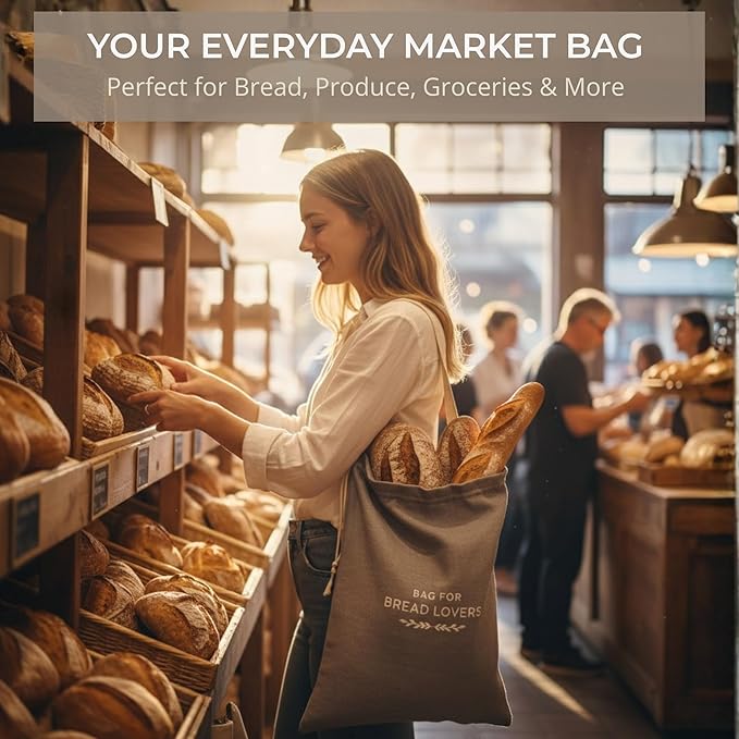 Linen Bread Bags for Homemade Bread – 2 Pack XXL Reusable Sourdough Bread Storage Bags, Keep Bread Fresh Longer, Grey Linen Bag with Drawstring and Handle, TPU Lining, Gifts for Bakers, Made in USA