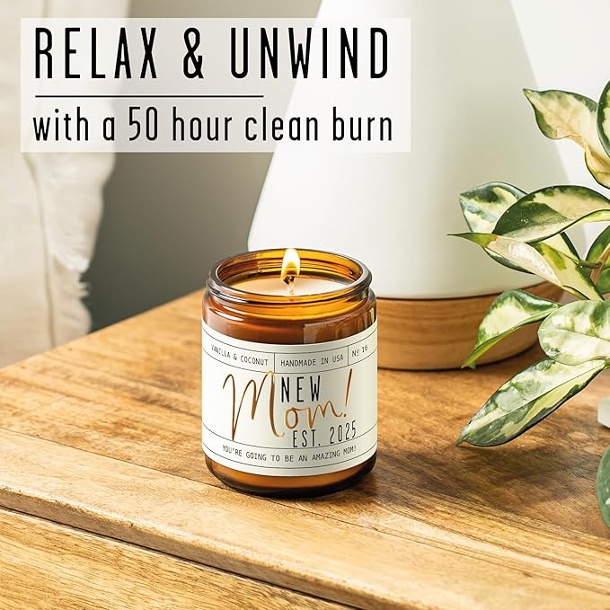 New Mom Gifts for New Mom Est. 2025 Candle, w/Coconut & Vanilla-Infused Essential Oils I Postpartum First Time Mommy Gifts I Push Presents I 50Hr Burn, USA Made