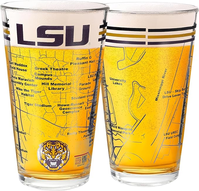 Greenline Goods – University of LSU Tigers College Pint Beer Glasses (Set of 2), 16 oz – Full-Color Logo + Campus Map