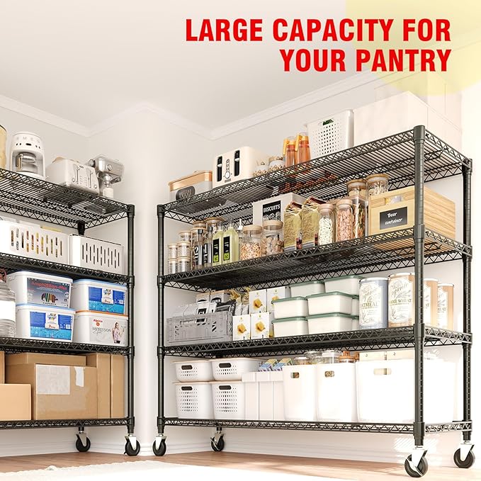 59" W Storage Shelves 2640LBS Heavy Duty Garage Shelving Units with Wheels and Adjustable Shelf, 4-Tiers Wire Shelving Rack for Garage Pantry Kitchen Warehouse Industrial