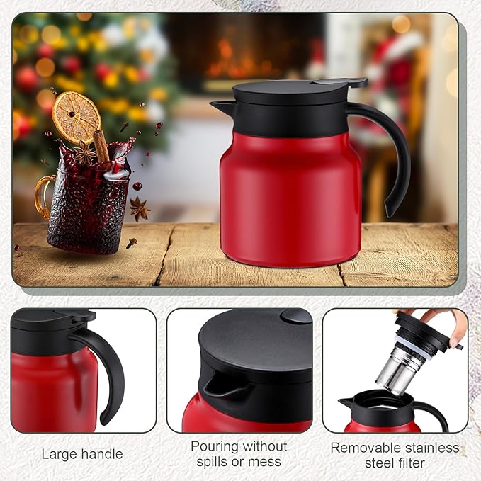 2 Pcs Thermal Coffee Carafe for Keeping Hot/Cold Stainless Steel Small Coffee Creamer Container Double Wall Vacuum Insulated Tea pot Beverage Dispenser for Milk Hot Chocolates(Red,27 oz)