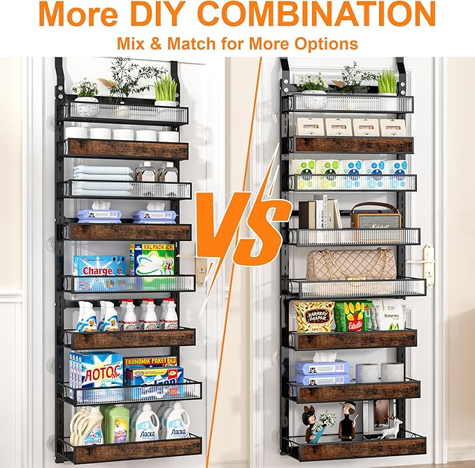 Over The Door Pantry Organizer,8 Tier Spice Rack Wall Mount with Adjustable Basket,Metal Heavy Duty Door Organizer Hanging Storage Shelf for Kitchen Pantry and Bathroom