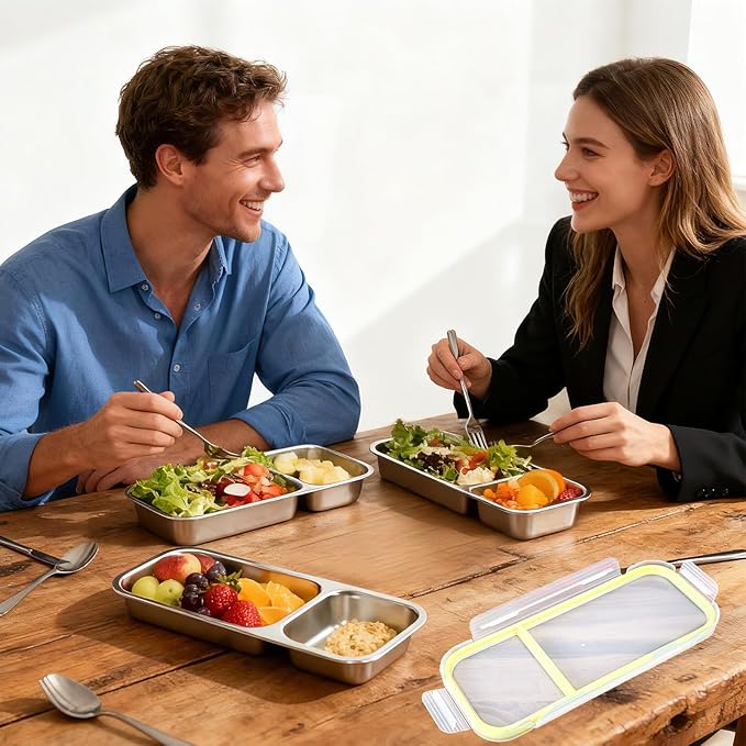 Stainless Steel Snack Containers, (3Pack) Leakproof 2 Compartment Snackle Box with Airtight Lids, Reusable Bento Box Food Storage Containers for Lunch Travel Picnics Office