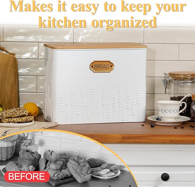 Extra Large Bread Box for Kitchen Countertop Corner Breadbox for Homemade Bread Metal White Ear of Wheat Pattern Embossed Storage Container Bin with Bamboo Lid Fits 2 Loaves of Bread