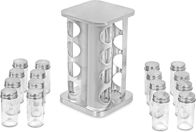 INTERNET'S BEST Revolving Spice Rack - Seasoning Storage with 16 Jars - Modern Stainless Steel Spinning Tower for Kitchen Countertop - Rotating Spice and Pantry Holder with Pre-Printed Labels - Sqaure