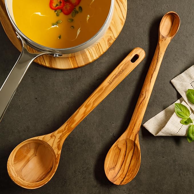 Bloomhouse - Two Time Oprah's Favorite Things Winner - Italian Olive Wood 2-Piece Kitchen Utensil Set – Extra-Large 14-Inch Ladle and Tasting Spoon, Durable Wooden Cooking Tools