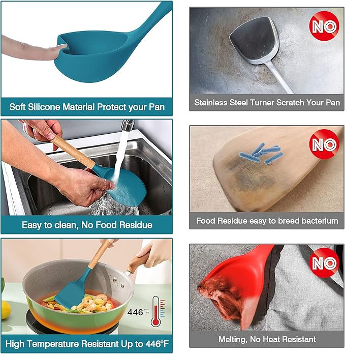 LIANYU 38 Pcs Kitchen Cooking Utensils Set with Holder, Heat Resistant Silicone Kitchen Utensil Spatula Set, Kitchen Gadgets Tools Set for nonstick Cookware Set, Wooden Handle, Blue