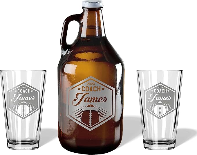 Football Coach Beer Glasses - Football Coach Gifts Personalized Coach Pint Glass Engraved Coach Award Football Beer Glass End of Season Gifts Coach (Football, Growler Gift Box)