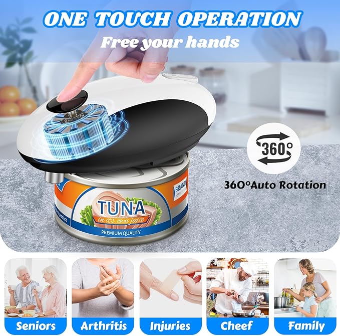 USB Rechargeable Electric Can Opener - Battery Operated, One Touch Auto Operation, Magnetic Lid Holder & Smooth Edge Cutting, Cordless & Hands Free Tin Opener for Seniors, Works with All Standard Cans