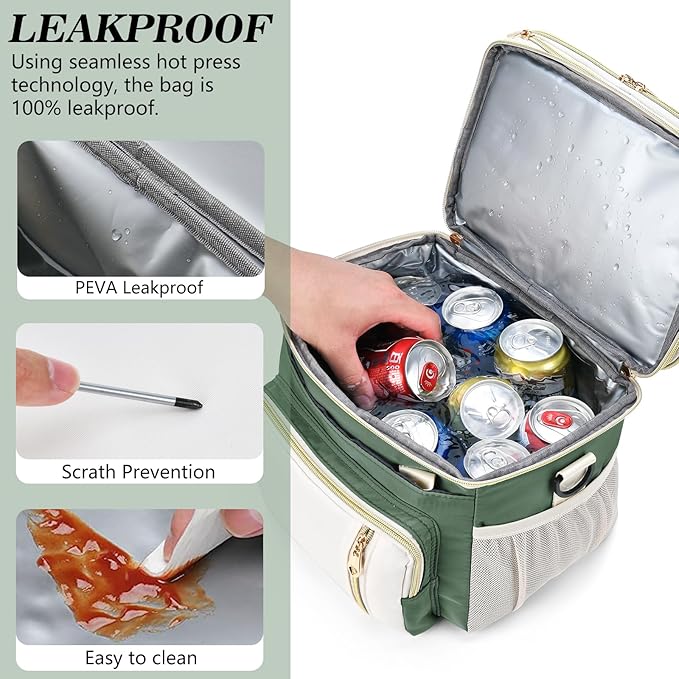 LOKASS Lunch Box for Women/Men-16L-Insulated Lunch Bag, Expandable Double-layer Leakproof Cooler Bag with Upgrade Adjustable Shoulder Strap Ideal for Work/Travel/Picnics（Army Green）