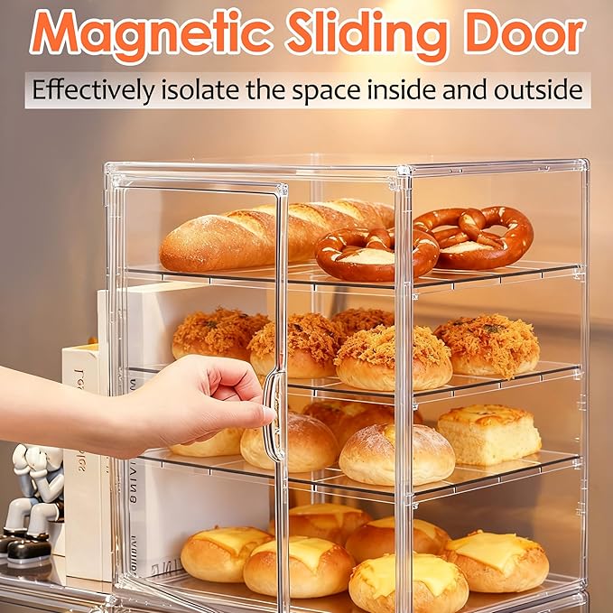 Pastry Display Case, Acrylic Bakery Display Case 3-Tier Pastry Display Cabinet with Removable Shelves and Front Door, Clear Bread Display Box for Bakery, Coffee Shop, Buffet