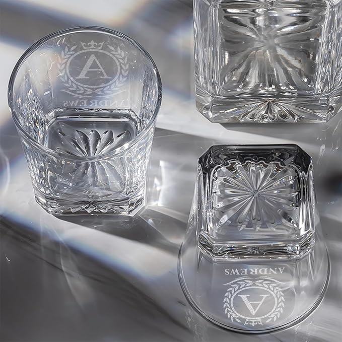 Personalized Name Monogram Whiskey Glass Gift Set - 4 Designs Custom Gift For Him - Personalized Bourbon Cup - 11 oz Engraved Monogram Scotch Glass in Wooden Box - Whiskey Gifts For Men