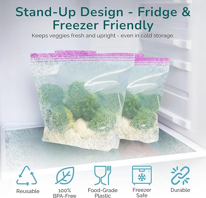 J&&J Fresh Gallon Zipper Bags, 50 Pack — Reusable, BPA-Free, Leakproof — Expandable Bottom, Microwave-Safe, Strong Zipper Lock Seal — For Meat, Veggies, Soup, Freezer & Fridge — Durable & Washable