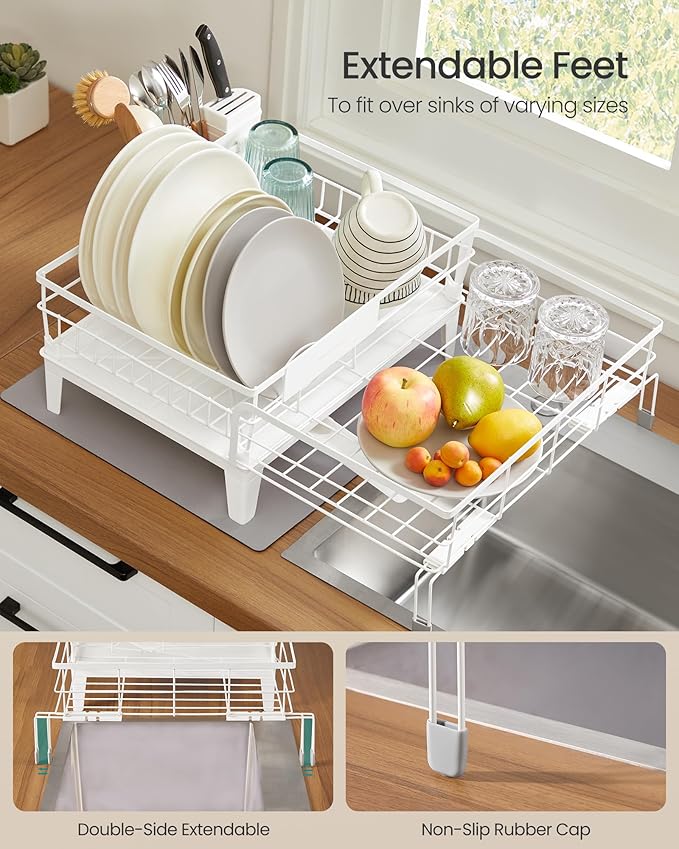 SONGMICS Dish Drying Rack, Kitchen Dish Rack, with Drainboard, 360° Rotatable and Extendable Spout, with Cutlery Holder, 12.2-22 x 16.5 x 7.9 Inches, Matte White and Dove Gray UKCS552W01