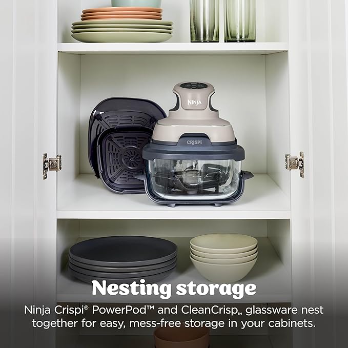 Ninja Crispi Air Fryer, Microwave, Freezer & Dishwasher Safe, Non Toxic Glass Portable Cooking System, 4 QT & 6 Cup Glass Containers with Storage Lids, Easy Meals, Air Fry, Bake, Stone, FN101ST