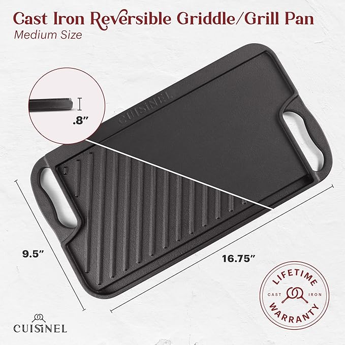 Cuisinel Cast Iron Griddle/Grill + Burger Press + Pan Scrapers - Reversible Pre-Seasoned 16.75" X 9.5"-inch Dual Handle Flat Skillet and Griller Pan + Cleaning Accessories - Use Indoor/Outdoor Stove