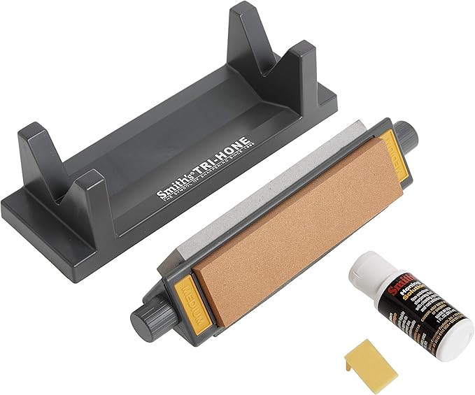 Smith’s TRI6 Arkansas Tri-Hone Stone Sharpening System Grey 6” Fine, Medium, & Coarse Stones 3-Way Honing Nonslip Rubber Feet Restore Tools, Hunting, Kitchen, Fishing & Pocket Knives