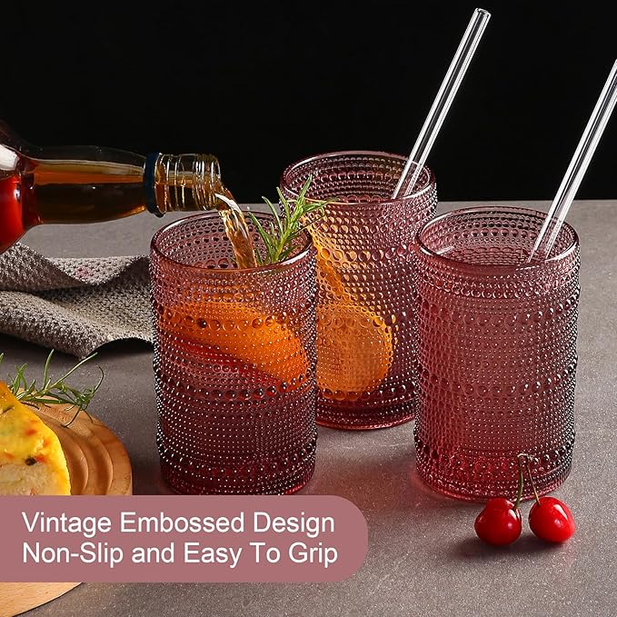 Vintage Glassware Drinking Glasses Set of 6,15 oz Hobnail Glass Cups,Embossed Purple Water Tumbler,for Beer,Cocktail,Whiskey,Juice and Various Mixed Drinks- 1 Cleaning Brush