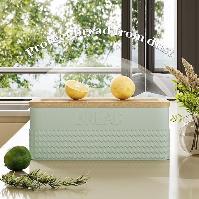 Bread Box for Kitchen Countertop - Metal Bread Storage with Bamboo Cutting Board Lid & Bread Knife, Corner Bread Container for Homemade Bread and Toast, Green