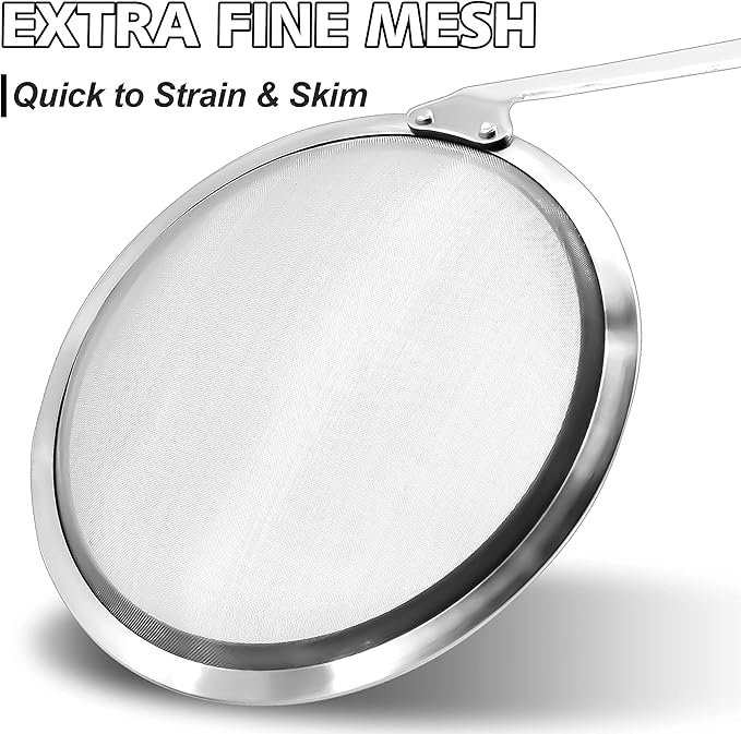 Anaeat 4.7" Stainless Steel Fat Skimmer Spoon - Professional Kitchen Fine Mesh Food Strainer and Hot Pot Skimmer with Long Handle for Skimming, Cooking, Frying, Grease, Gravy and Foam