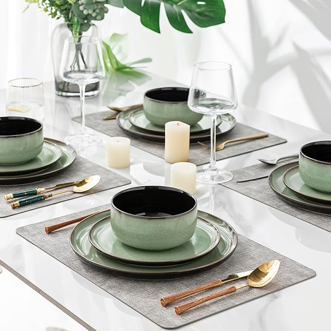 LERATIO Ceramic Dinnerware Sets for 4,12 Pieces Poreclain Plates and Bowls Sets,Scratch Resistant Dishes,Dishwasher & Microwave Safe Dishes Set,Service for 4-Light Geen