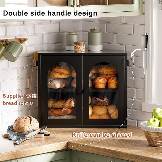 WOWLIVE Corner Bread Box for Kitchen Countertop, 2 Tier Bamboo Bread Storage Container for Homemade Bread with Clear Acrylic Door Panel, Large Bread Bin Farmhouse Breadbox Organizer (Black, Medium)