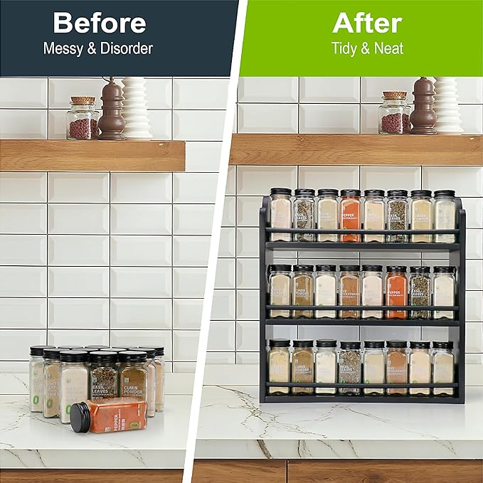 3 Tier Bamboo Spice Rack, Spice Rack Organizer, Seasoning Jars Rack Shelf Spice Organizer for Kitchen Counter or Wall Mounting, Spice Storage Holder with handles, Jars Not Included,Black