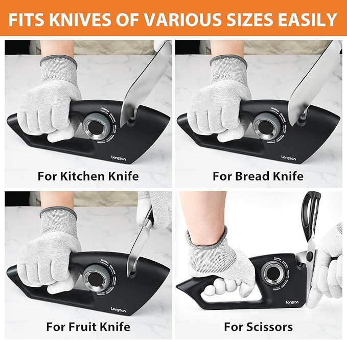 Longzon 5-in-1 Knife Sharpener 5 Stage for Serrated Knives, Scissors with Cut-Resistant Glove,Original Premium Polish Blades,Best Kitchen Knife Sharpener Repair & Restore Pocket Knife, Chefs knife