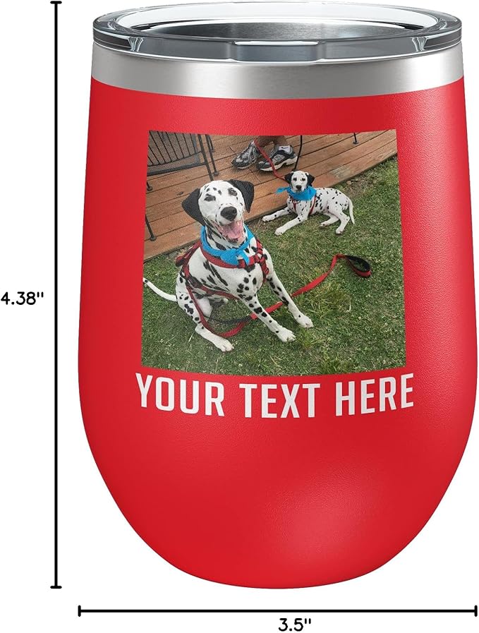 Personalized Mothers Day 12oz Photo Printed Insulated Stainless Steel Powder Coated Stemless Wine Tumbler with Lid, Customized Mum Gift Idea for Her, Custom Mom Coach Gifts Team (Red)