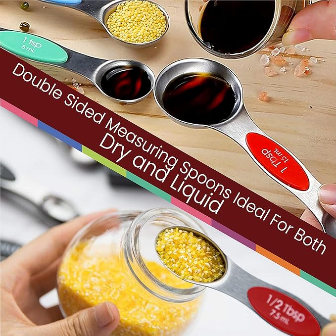 Magnetic Measuring Spoons Set of 9 Stainless Steel Dual-Sided Stackable Measuring Spoon Nesting Teaspoons Measuring Dry and Liquid Ingredients, Fits in Spice Jars Set of 9 (Multicolor)